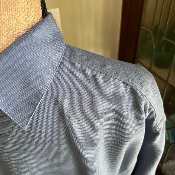 Y2K George Slate Blue Sueded Men Button Up Shirt L Soft Microfiber Classic Retro - Picture 12 of 17